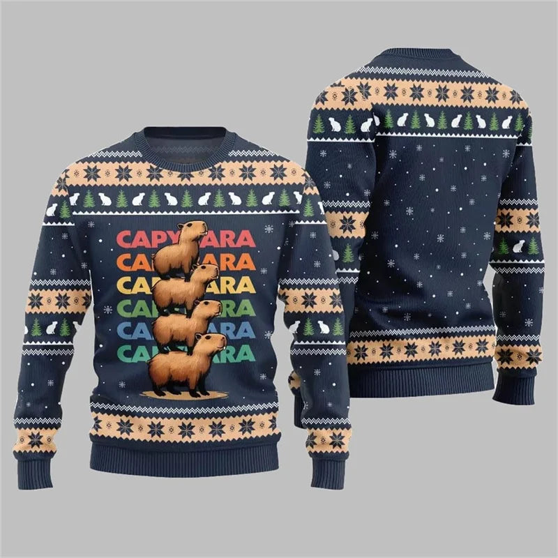 Cute Capybara Print Design Ugly Christmas Sweater Child Adult Long Sleeve Christmas Pullover Sweatshirt Festival Hot Men Sweater