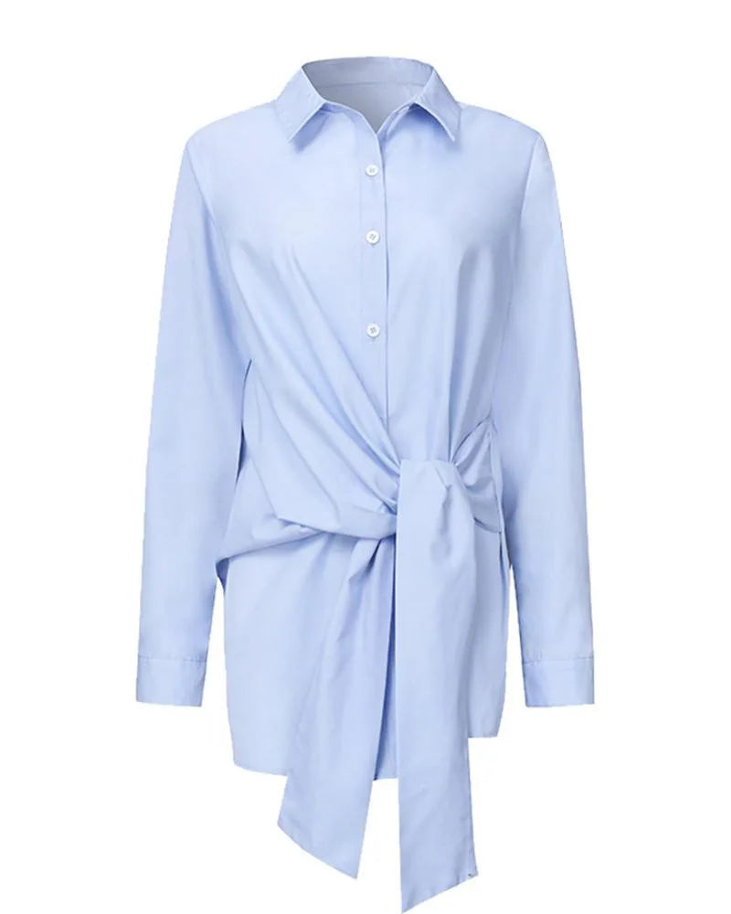 Slim Button White Shirt Women Fashion Tops Office Lady Shirt Loose Long Sleeve Blouse Female Ruched Lace Up Solid Blouse 18659