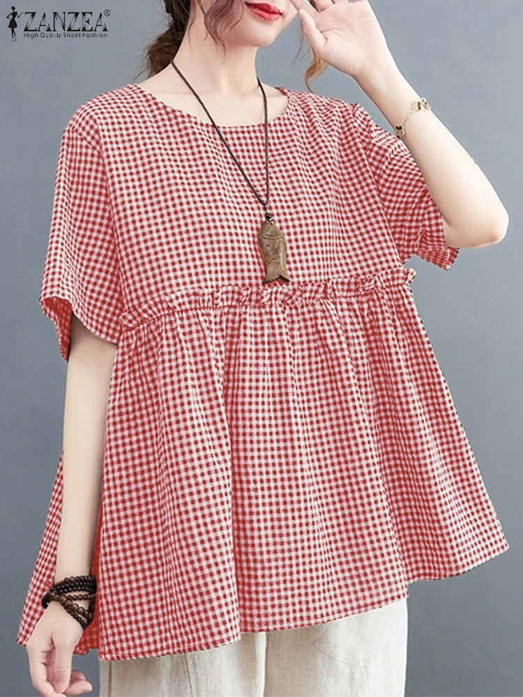 2025 ZANZEA Women Plaid Checked Blouse Summer Casual O Neck Short Sleeve Blusas Loose Tops Stylish Ruffled Work Shirt Oversize