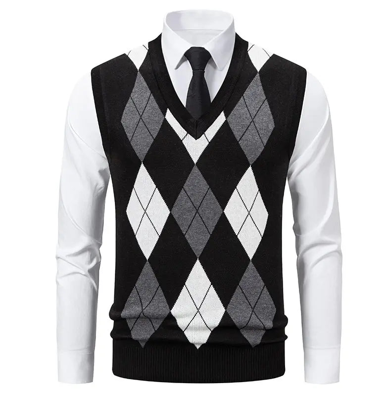 Mens Business Casual Knit Vest Classic Argyle Light Weight Knitwear Suit Vest Versatile Sleeveless Pullover Vests