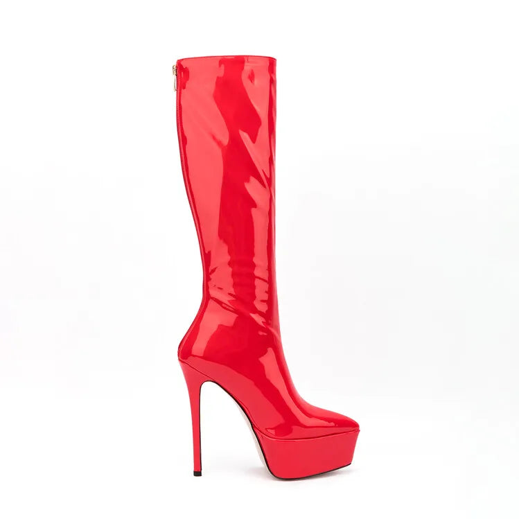 New Women Knee High Boots Patent Leather Pointed 15cm High Heels Winter Short Plush Waterproof Platform Girl Boots Large 34-45