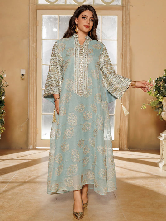 Elegant Light Green Abaya for Islamic Ladies Intricate Gold Embroidery and Tassel Accents Perfect for Festivities in Middle East