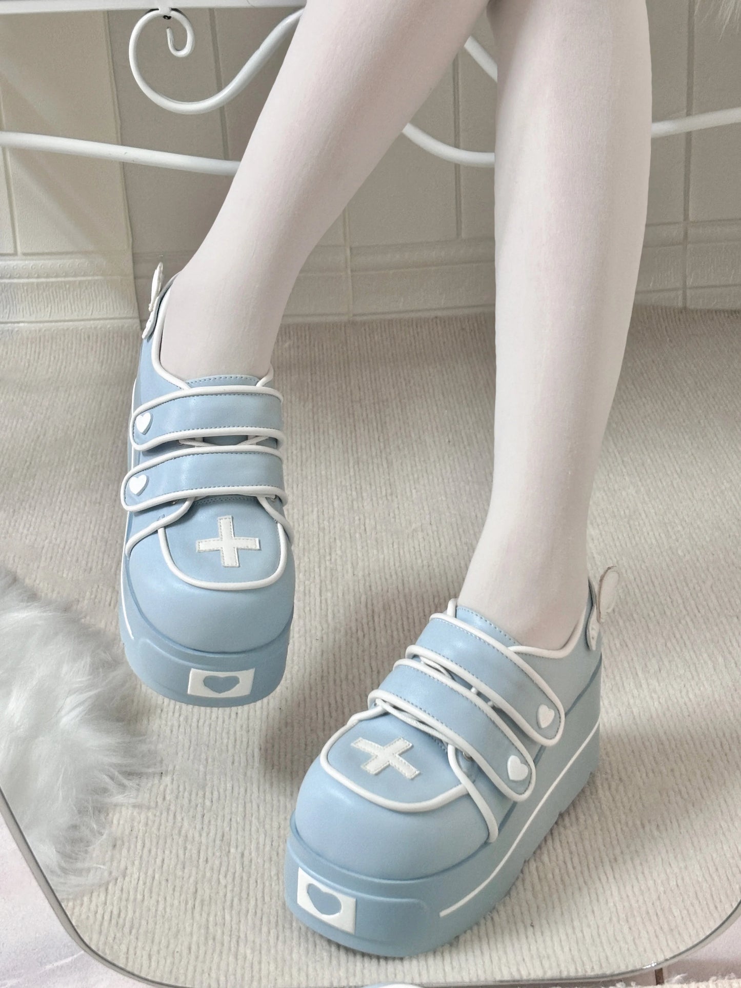 Original Japanese Cute Cross Print Thick-soled Muffin Shoes Subculture Sweet Cool Girl Round Head Pu Leather High Heels Women