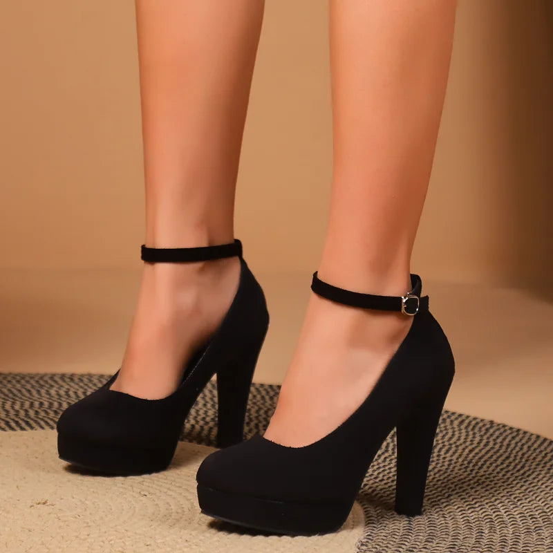 Spring Women Pumps Flock Sweet Thick High Heels Ankle Strap Female Platform Classic Round Toe Dress Cute Shoes Ladies Footwear
