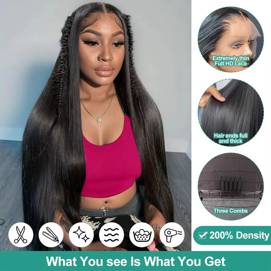 200% Bone Straight 13x6 HD Transparent Lace Frontal Human Hair Wigs Brazilian 30 40 Inch 13x4 Front Wig For Women Pre Plucked