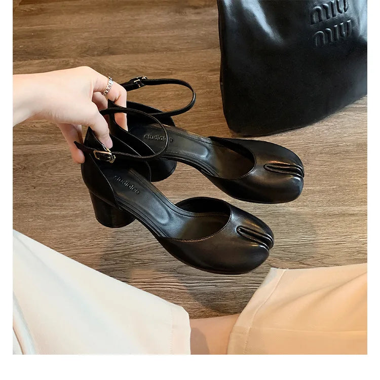 Brand Designer Tabi ninja high heels shoes woman ankle strap silver crack leather pumps split toe D'orsay mary janes shoes woman