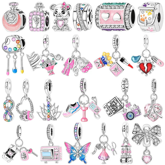 925 Sterling Silver Pink Color Love Color Flower Colorful Drawing Board Pendants Camera Charms Bead Fit Bracelet DIY Jewelry