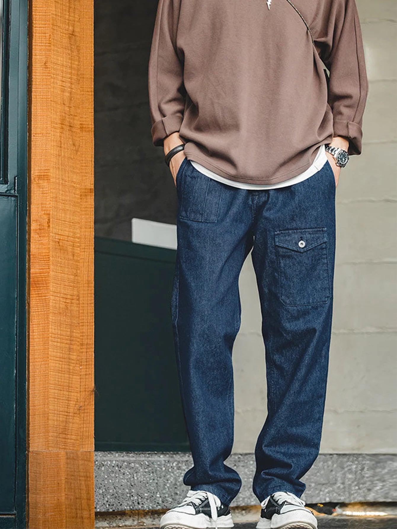 Men High-Waisted Button Suit Pants Elegant Denim Texture Italian Fabric Daily Commuting Wear