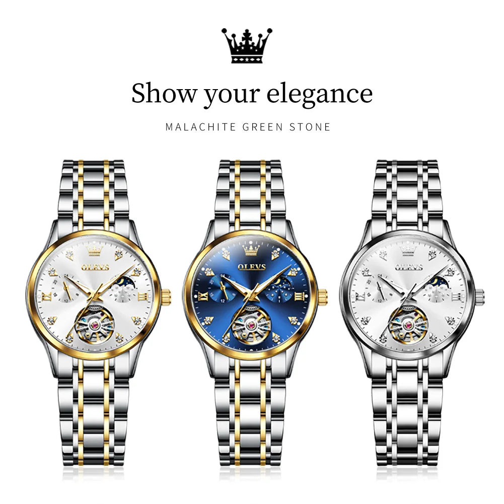 OLEVS 6608 Women Watch Original New Luxury Watch Stainless Steel Automatic Mechanical Diamond Scale Waterproof Watches For Women
