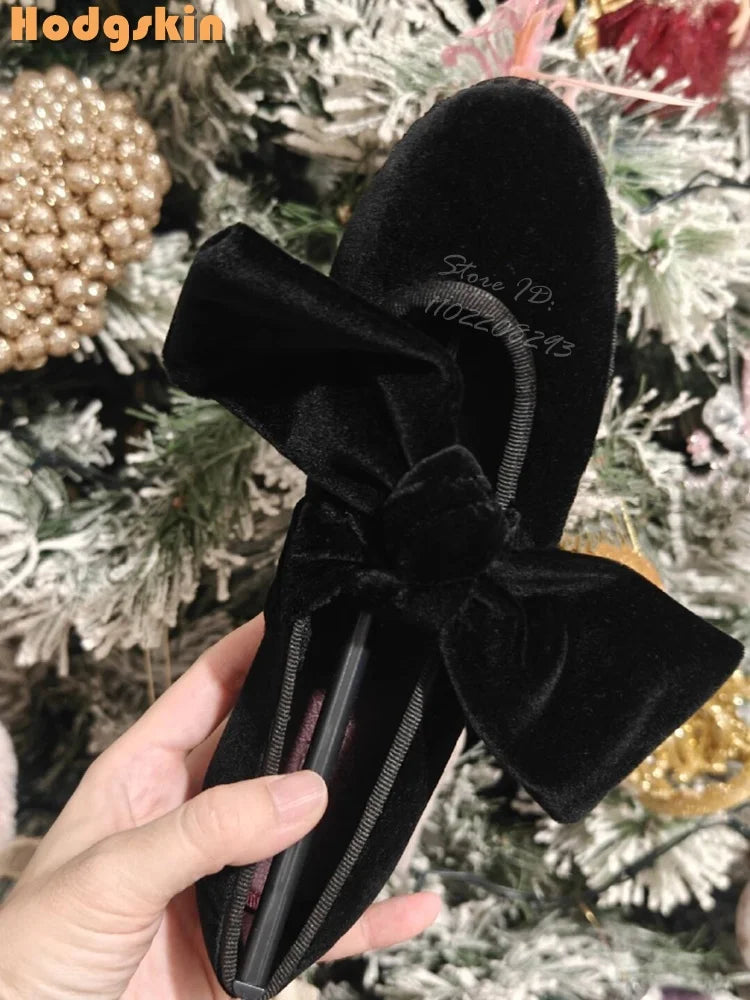Velvet Bow Flat with Shoes Retro Round Toe Shallow Lace-up Mary Janes Butterfly-knot Daily Shoes Korean Style Design 2025 Women