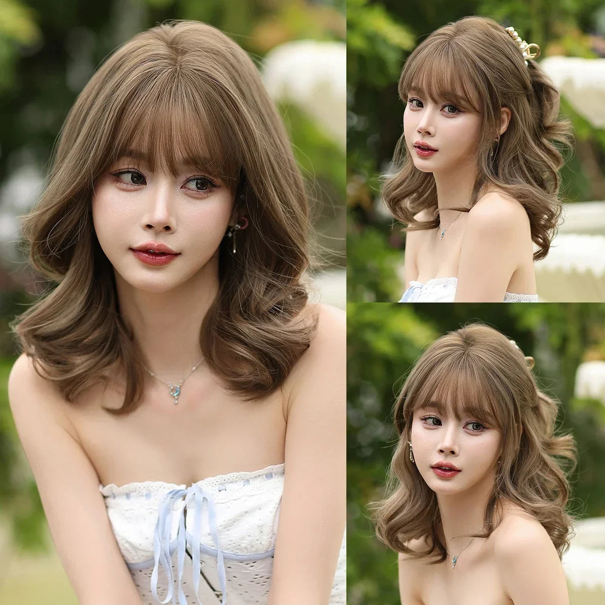 NAMM High Density Synthetic Middle Part Blonde White Wig For Women Daily Short Wavy Bob Wigs With Curtain Bangs Glueless Wig