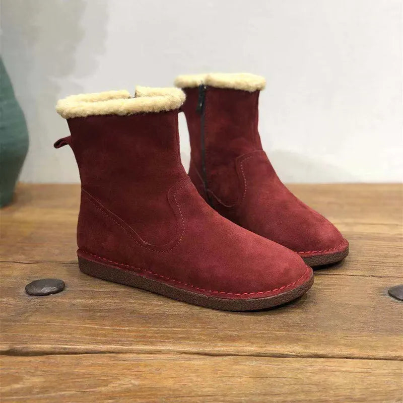Careaymade-Genuine cow leather Snow cotton round head flats woolen short boots plush warm snow boots Oversized shoes size 35-43