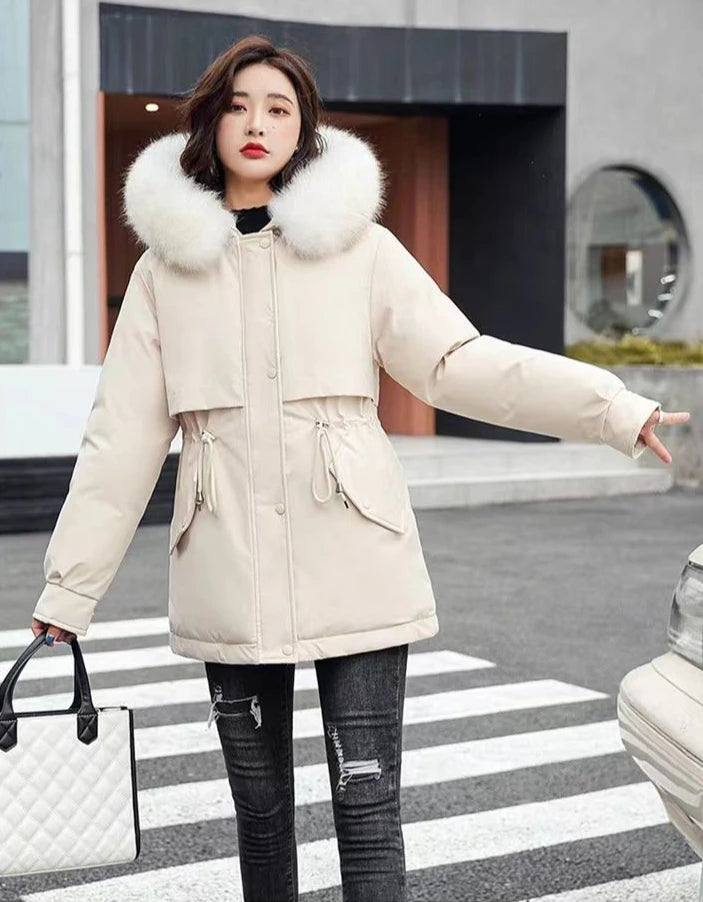 2025 Winter Women's Parka Cotton Padded Coat Korean Style Mid Length Waist Cinching Thickened for Cold Suitable for Short Girls