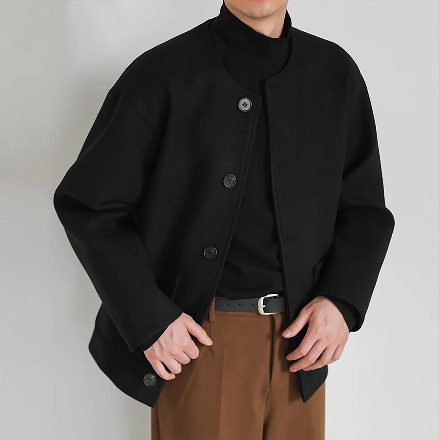 Korean Style Popular Double Side Jackets for Men Light Luxury Solid Fashion Button-up Neckless Woolen Coats Men Leisure Jackets