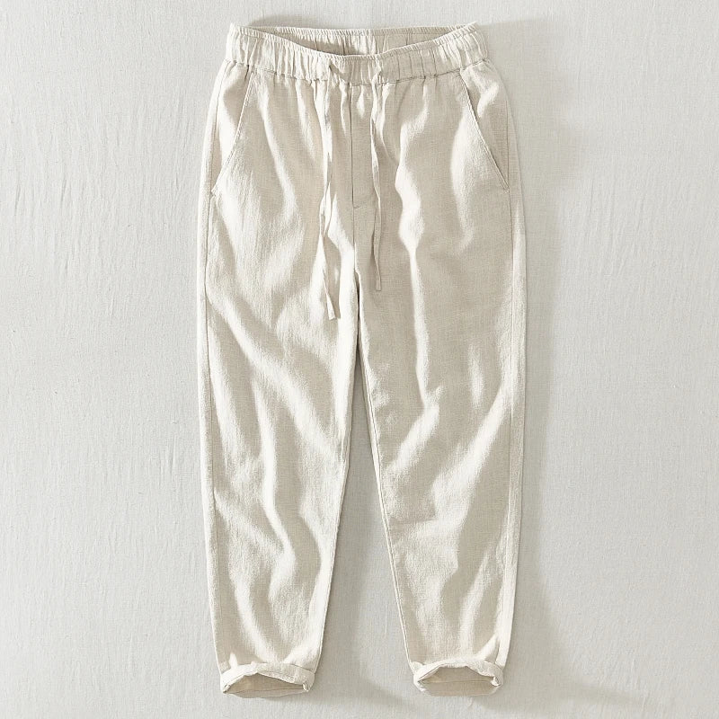 Summer Thin Cotton Linen Straight Leg Casual Pants Men's Loose Fit Drawstring Elastic Waist Nine Point Pants Breathable Youth...