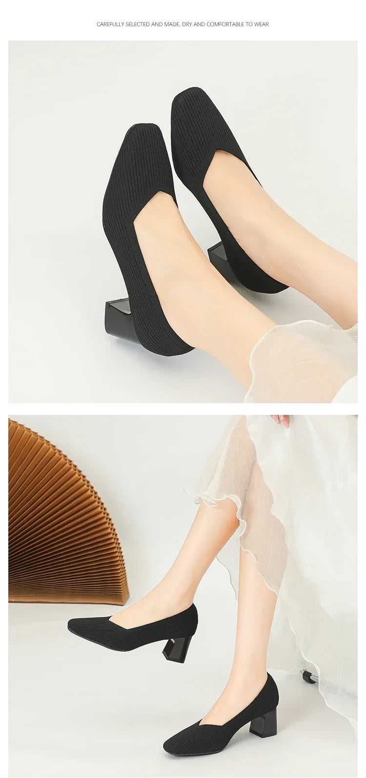 Shoes Woman High Heels Comfortable Square Knitted Breathable Comfortable Women's Flats Shoes (5cm High) 2025 New Collection