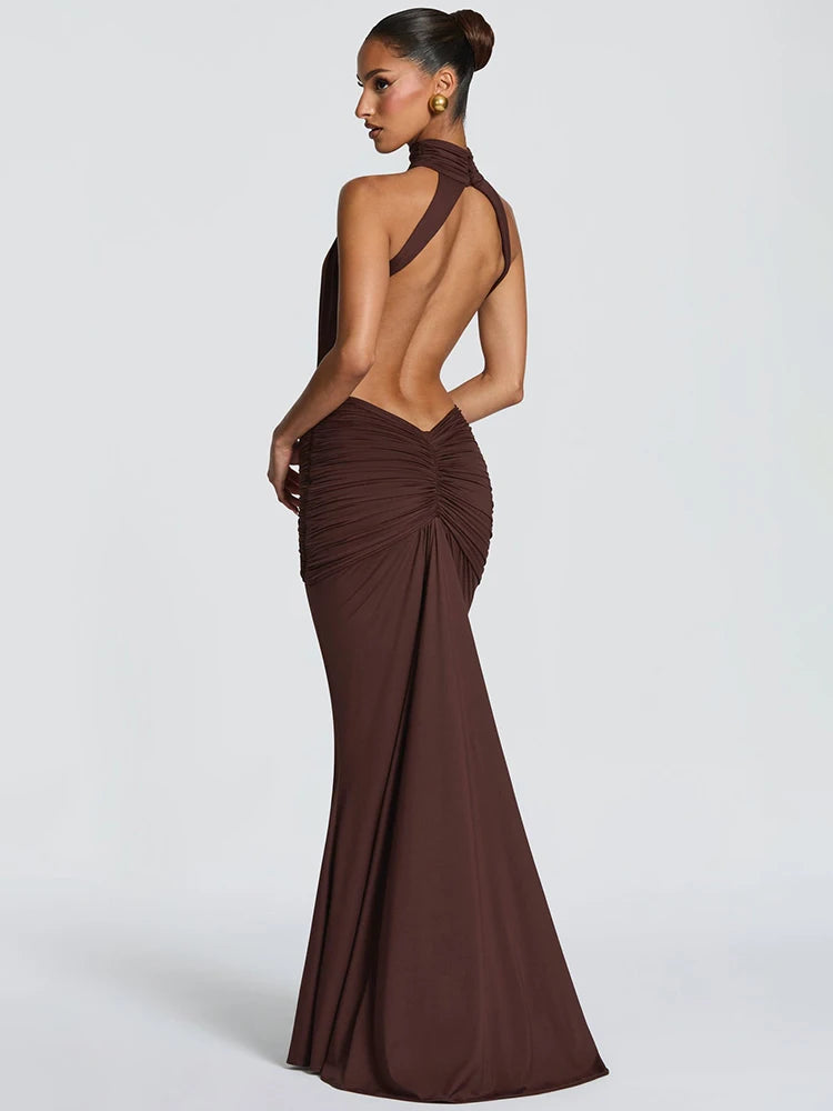 Mozision Backless Off Shoulder Maxi Dress Women Elegant Bodycon Party Ruched