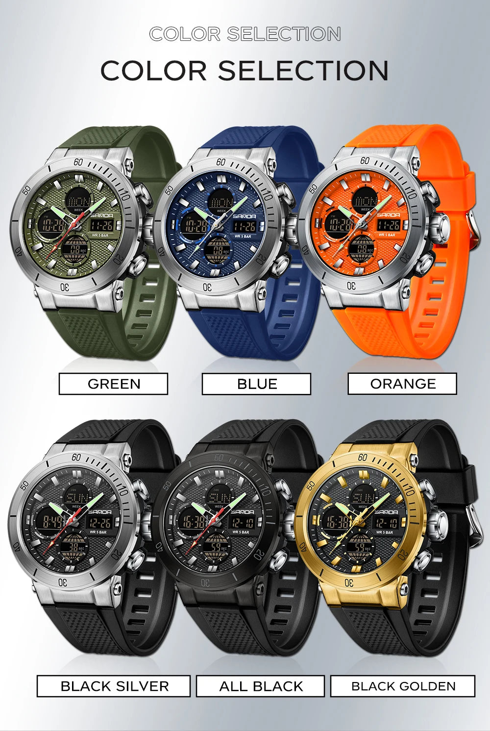 Fashion SANDA 2025 Top Brand 6191 Men New Countdown Stopwatch Waterproof Light Electronic Alarm Clock Time Led Digital Watches