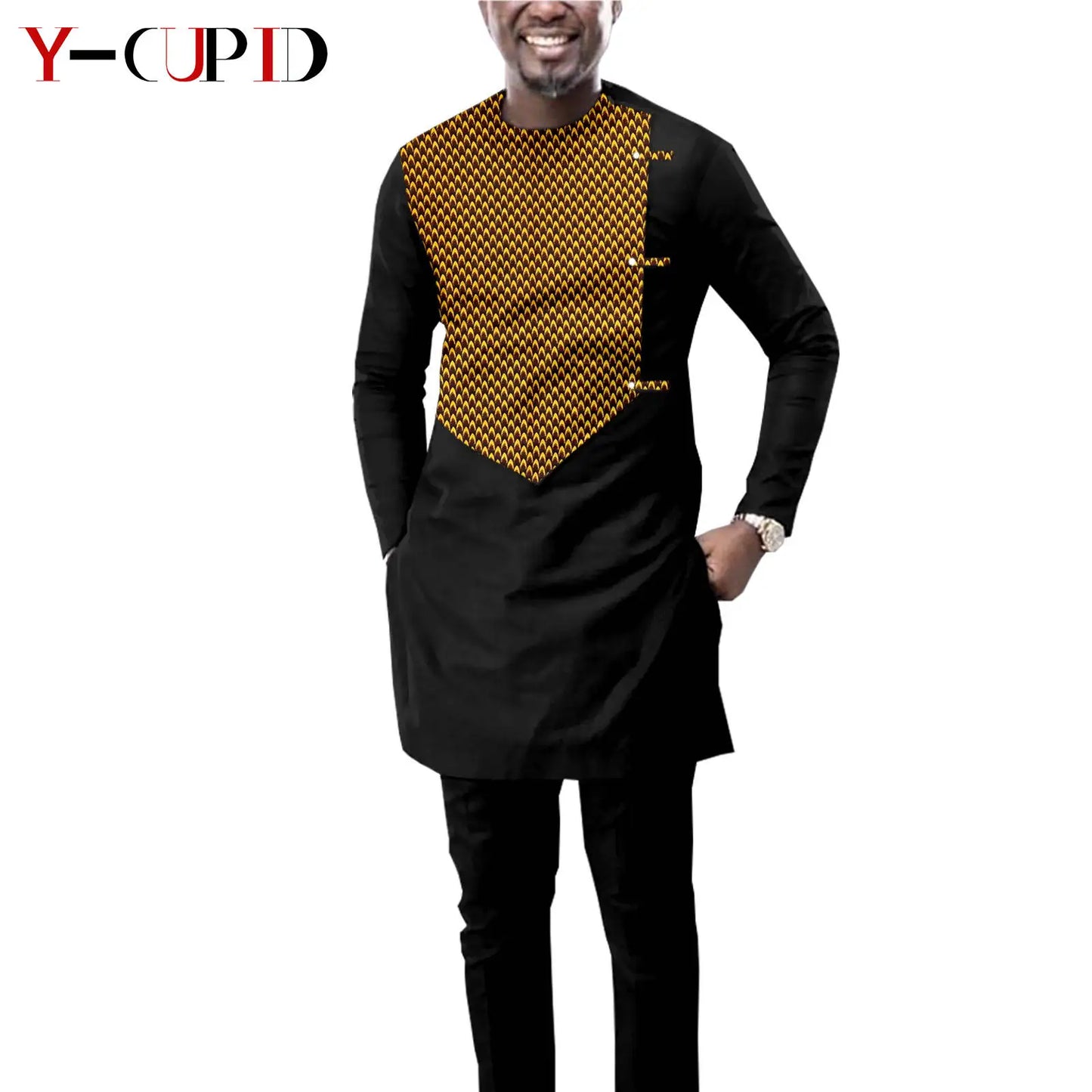 African Print Dresses for Women with Headwrap Matching Couple Outfits Dashiki Men Long Sleeve Pathwork Top and Pant Sets Y23C004