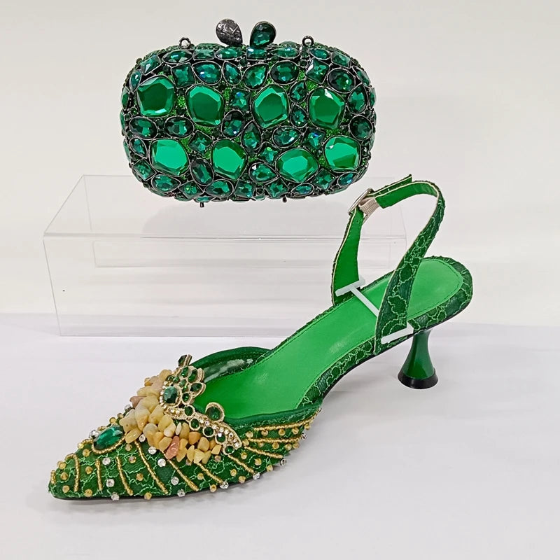 INSIGHTLINK Women Olive Green Pointed-Toe Sandals Women's High Heels Shoes and Bags for Party Rhinestone Evening Bags And Shoes