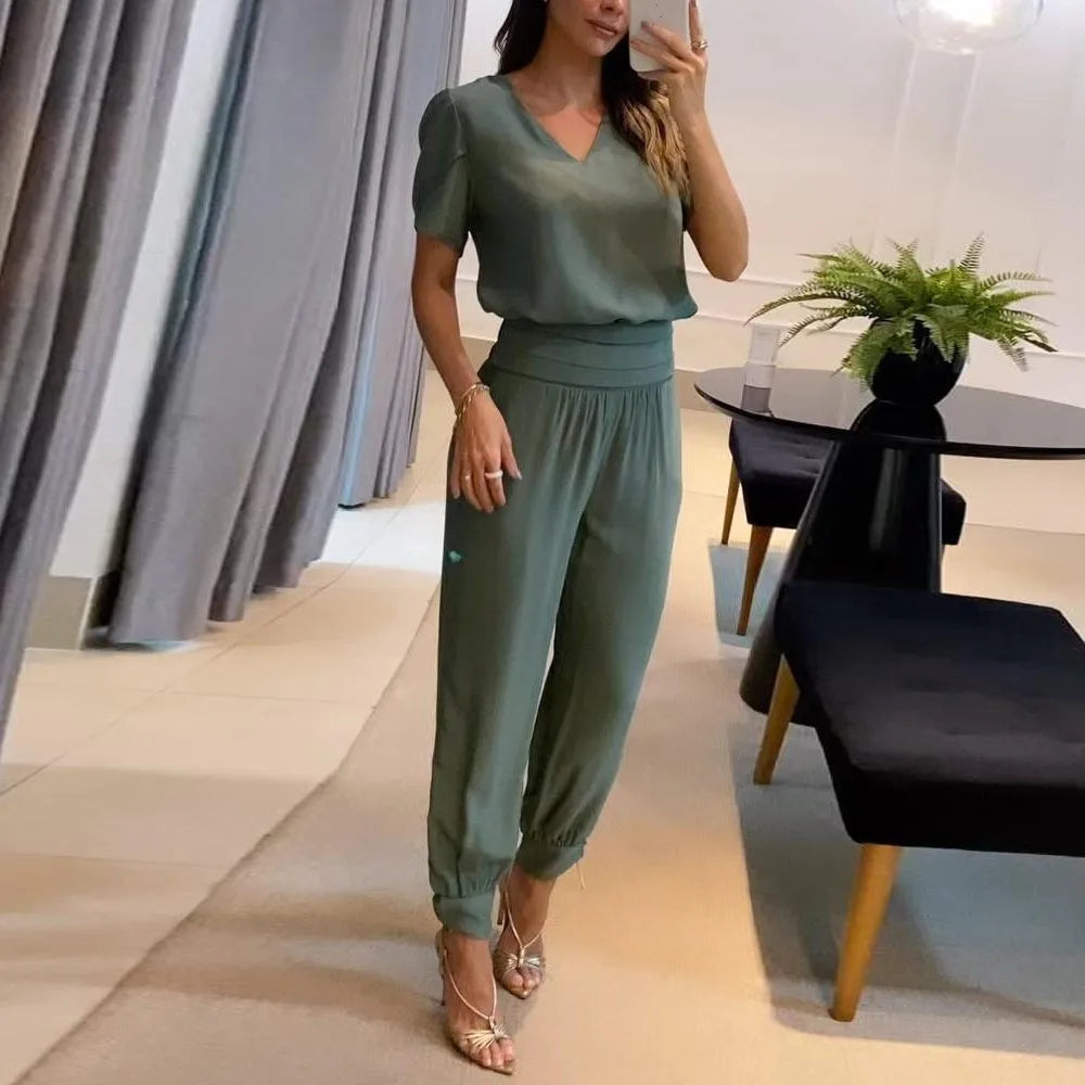 New Women's Summer Tracksuits Pant Sets Fashion Casual V-neck Print Short Sleeve T-shirts and Trousers 2 Piece Sets Women Outfit