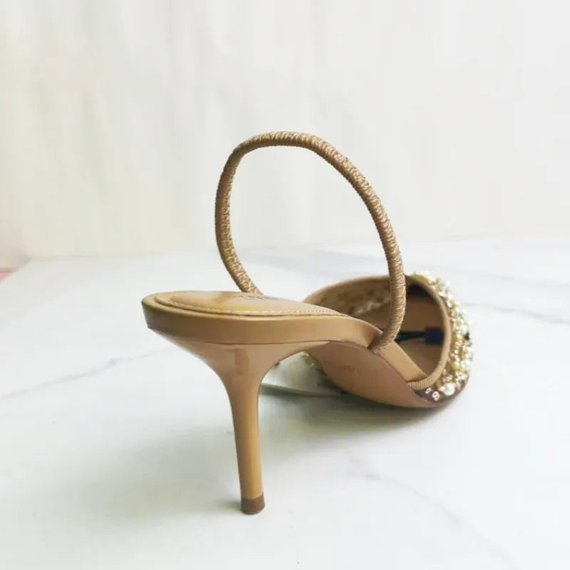 Brand High Heeled Formal Party Shoes for Lady Luxury Sequin Pearl Stiletto Elengat Mesh Slingbacks 2026 Women Modern Sandals