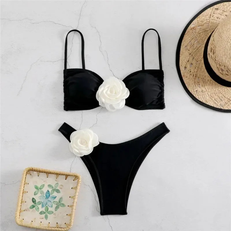 Women Two Piece Bikini Set 3D Floral Bandeau Swimwear Sexy Brazilian Bikini Lace Up Bathing Suit Separate Beachwear For Women
