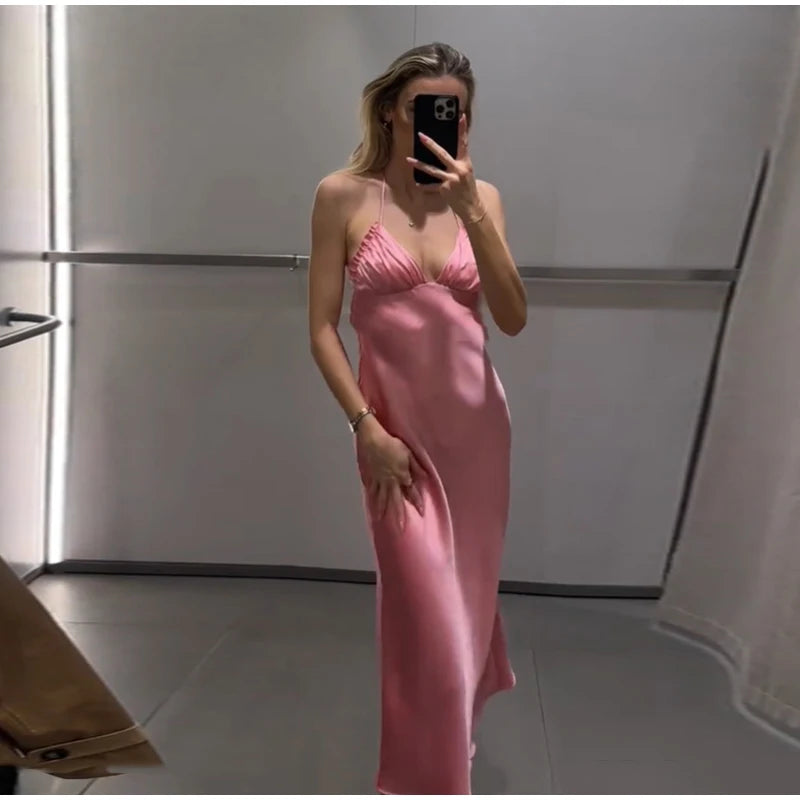 Elegant Satin Pink Women's Long Dresses Fashion Sleeveless Backless Slim Fit Hem Midi Dress Summer Female Holiday Robes 2026
