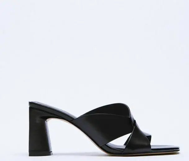 Summer new women's shoes brown black thick-heeled cow leather sandals square toe cross with open toe back high heels slippers