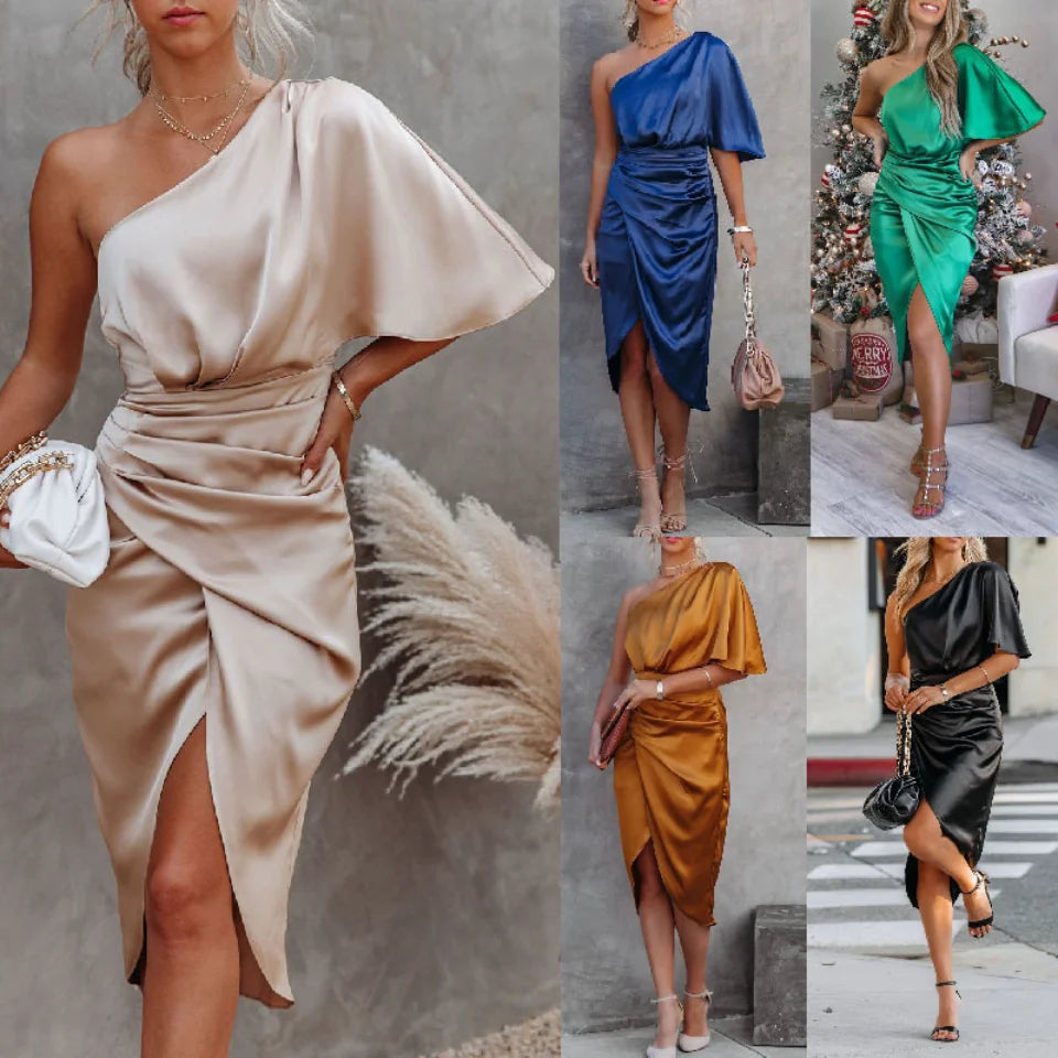 Elegant Dresses for Women 2026 Black Sexy Unilateral Sleeve Dresses for Prom  Fashion Irregular Solid Color Women's Summer Dress