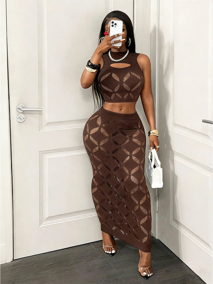 FHSEER Plus Size 2 Piece Women Sexy Mesh Crop Tank High Waist Bodycon Mini Skirt