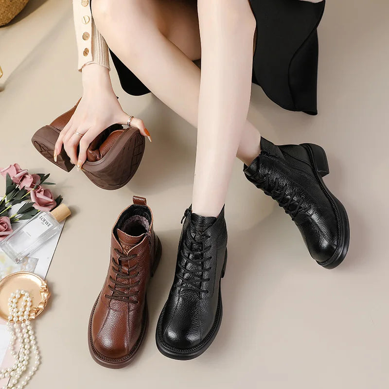 Xiuteng Autumn New Cowhide Mid-Heel Soft-Soled Women's Short Boots Retro Casual Leather  Boots Warm Women's Cotton Shoes