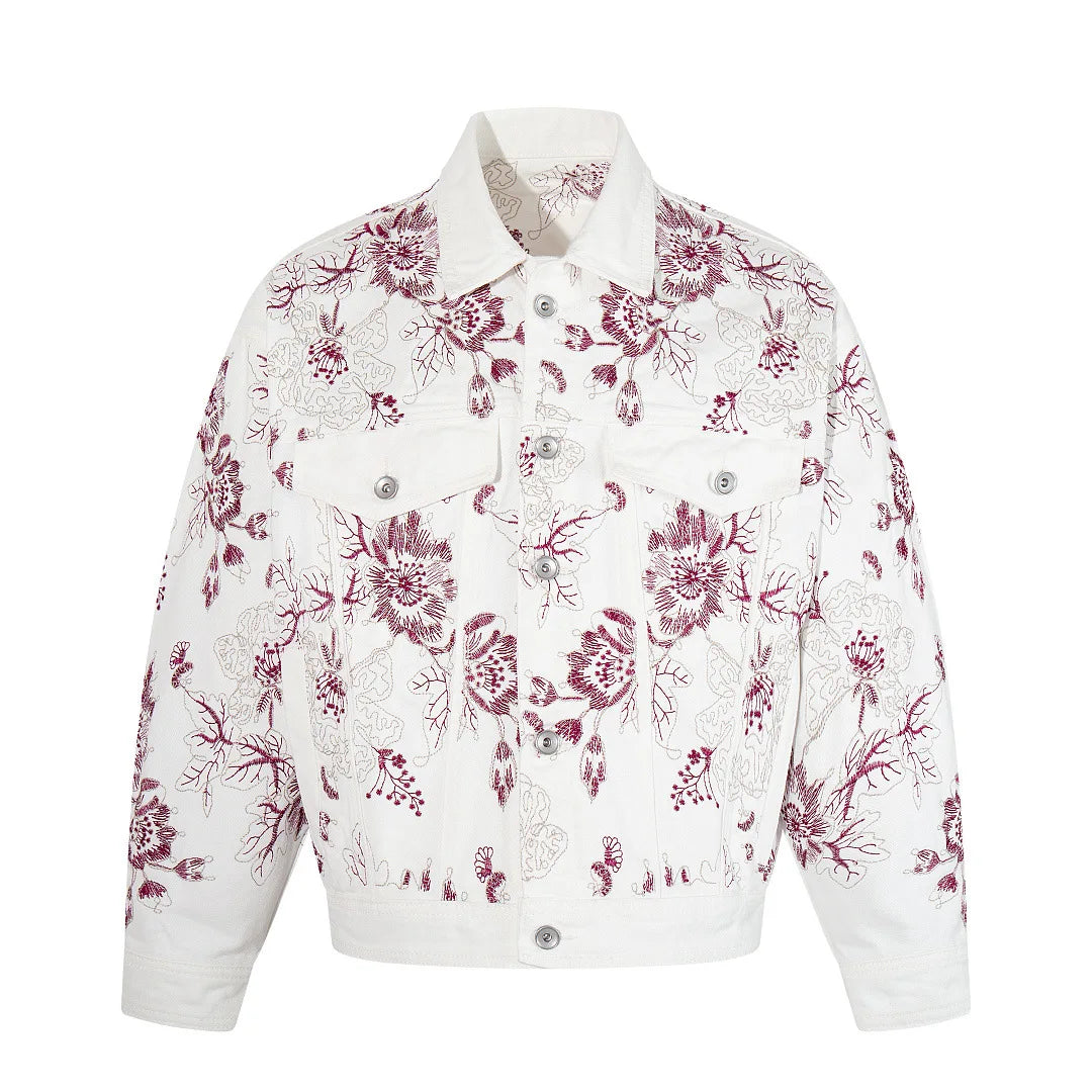 American High Street Retro Floral Embroidered Denim Jacket Hip Hop Loose Casual Trendy Brand Jeans Coat Tops