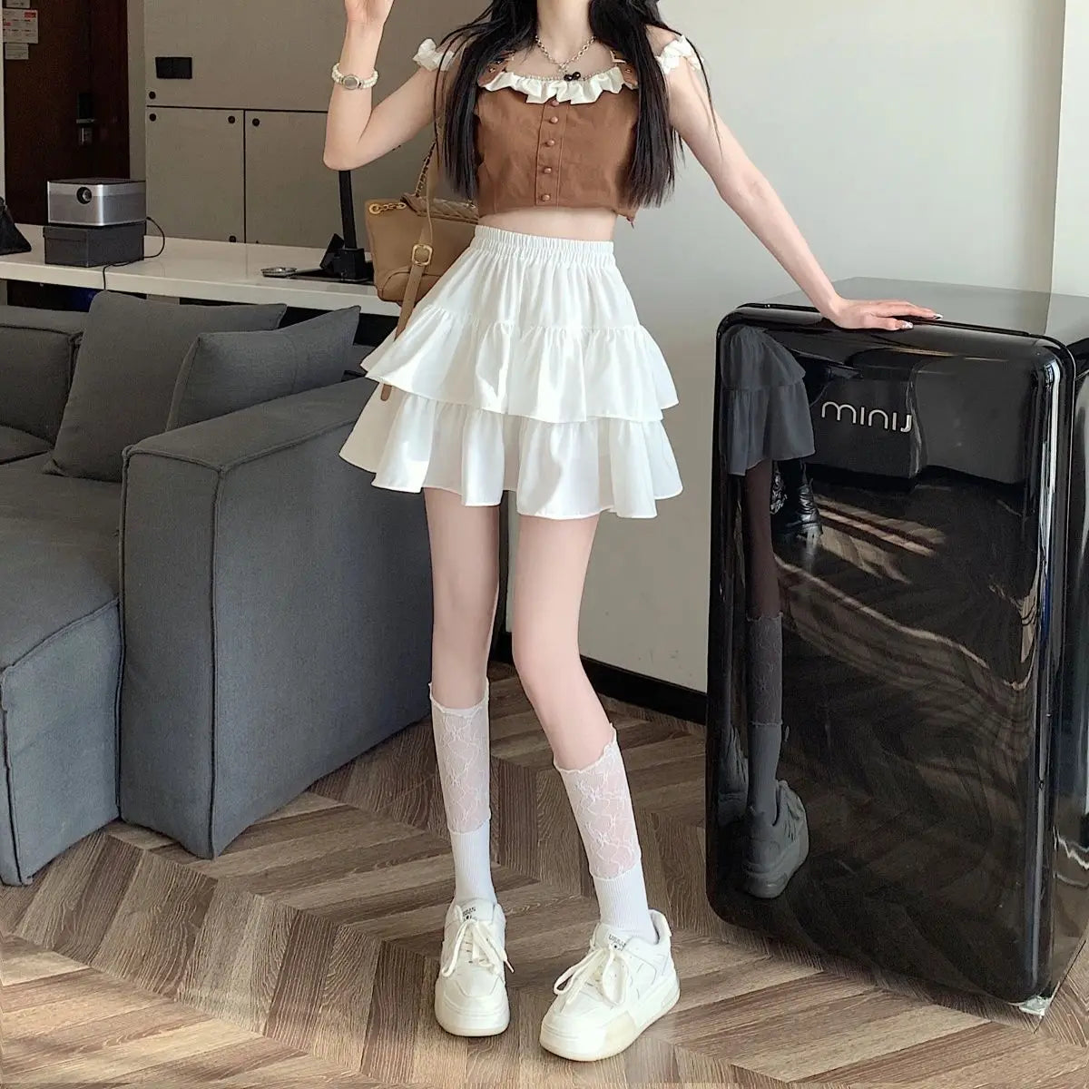 Ruffled Cake Skirts for Women High-waisted A-line Solid All-match Sweet Lovely Girls Korean Style Gentle Spring Kawaii Casual