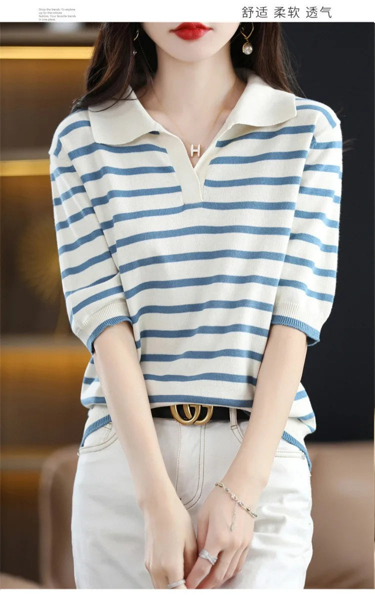 WinvyNee Summer Short Sleeved Women's Solid Polo Shirt Casual Cotton Striped Top T-shirt Women Clothing Casual Knitted A1002001