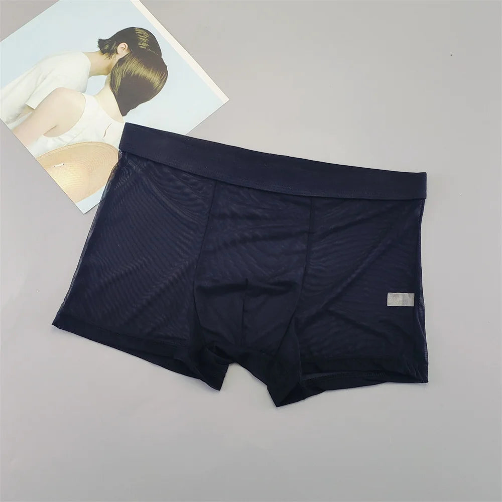 Transparent Mesh Plus Size Boxers Underwears Men Perspective Bulge Pouch Shorts Low Waist Male Panties Lingerie Intimates