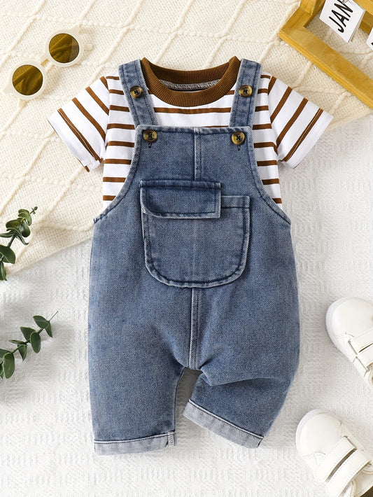 Two-Piece Set for Baby Boys: Casual and Versatile Style for Spring and Summer, Featuring a Striped Round-Neck Short-Sleeve Top and Stylish Pocket Overalls