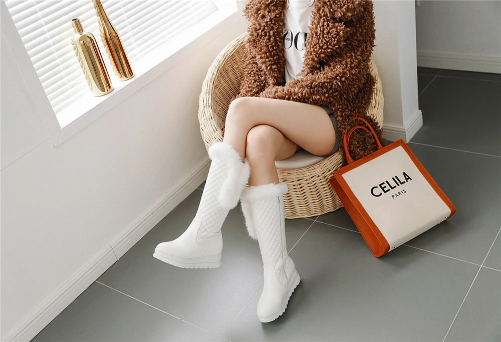 Winter Warm Fur Knee High Boots Womens Platform Snow Boots High Heels Female Padded Shoes  High Boots  Free Ship Big Size 41