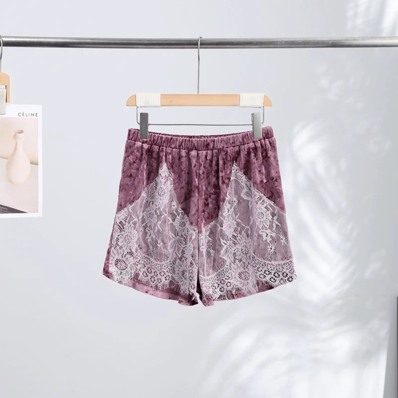 Green Velvet Lace Trim Shorts Women's Casual High-waist Straight Short Pants 2026 New Ladies Summer Vacation Beach Outfit