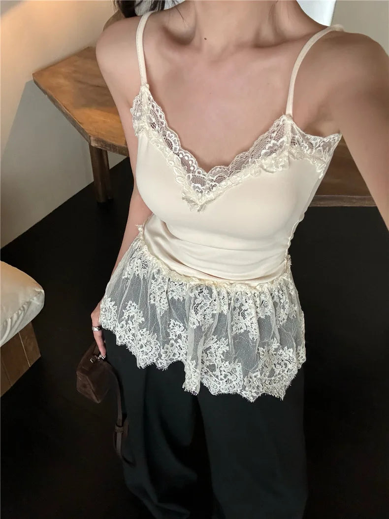 Korean Style Sexy Lace Sleeveless Crop Cami Top Women 2026 Summer Mesh Layer Tank Top Y2K Clothes Ruched Skinny Backless T-shirt