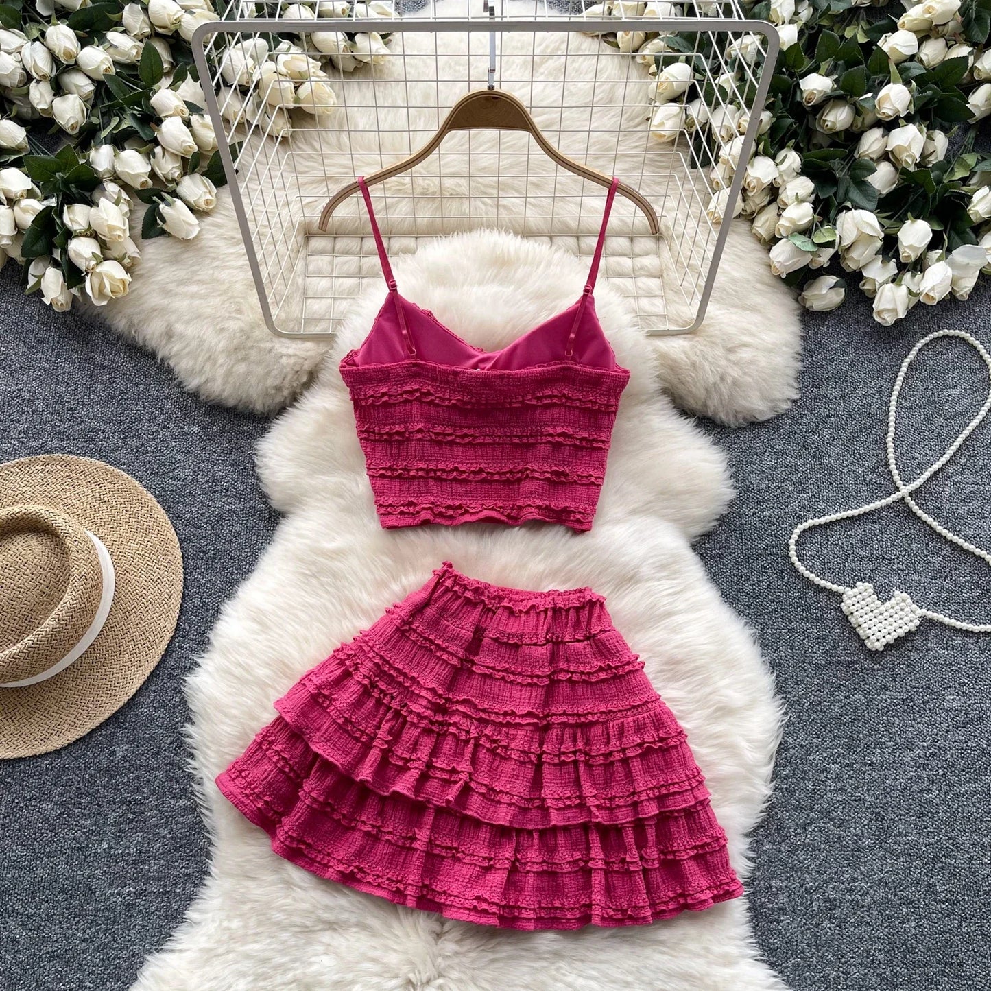 Sexy Two Pieces Sets Forwomen Chic Sexy Short Straps Tank Top with High Waist Mini Skirt Suit Summer Sweet Pleated Skirt