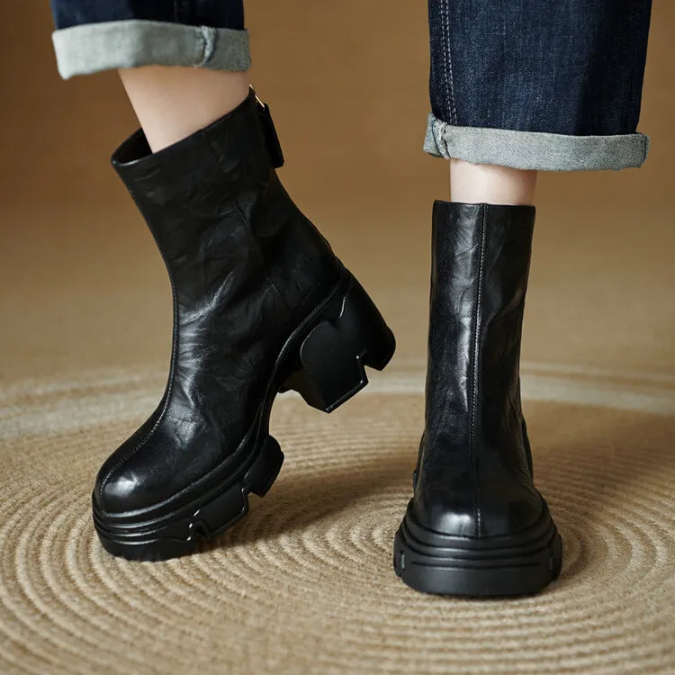 NEW Autumn Women Boots Genuine Leather Shoes for Women Round Toe Chunky Heel Shoes Concise Zip Platform Boots Soft Daily Shoes