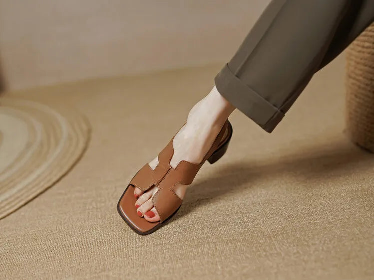 2025 Summer Women Shoes Square Toe Chunky Heel Women Sandals High Heels Ladies Shoes Casual Leather Shoes Women Genuine Leather