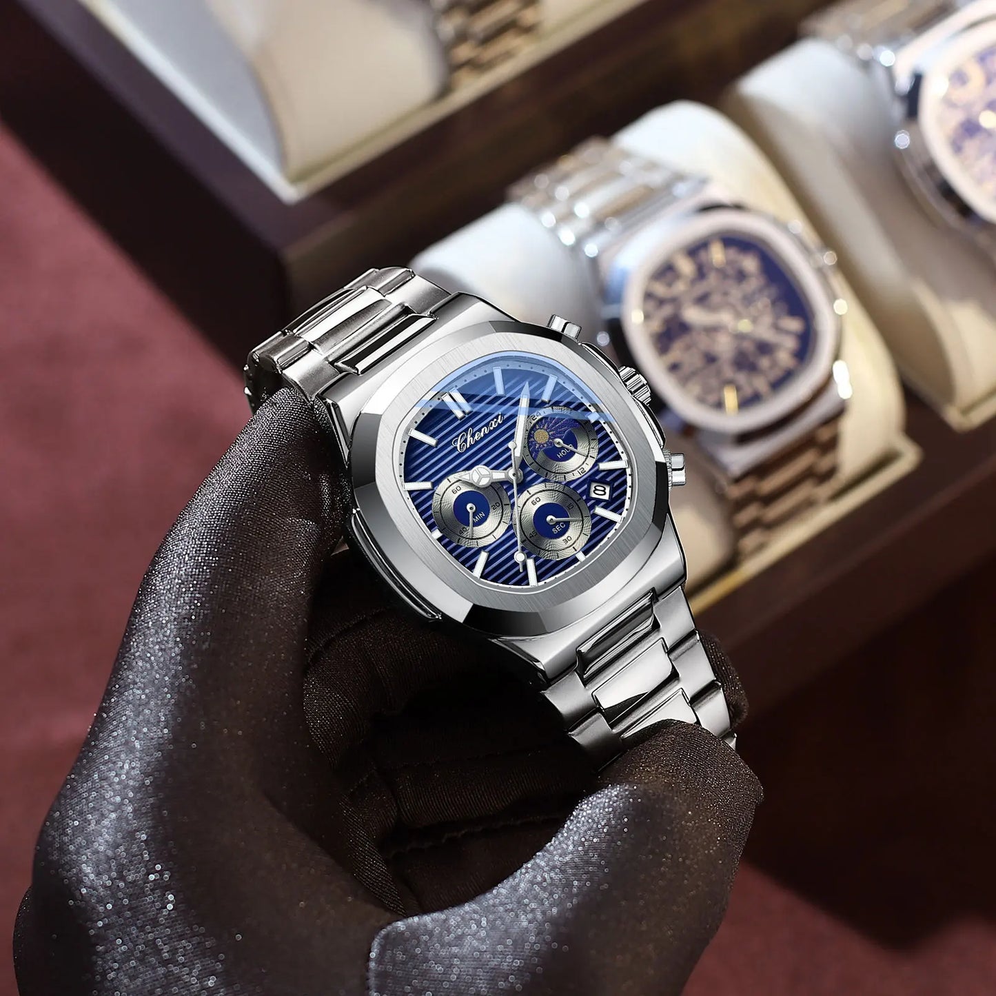 CHENXI Fashion Luxury Men's Watches Stainless Steel Quartz Movement Waterproof Calendar Moon Phase Chronograph Watch for Men