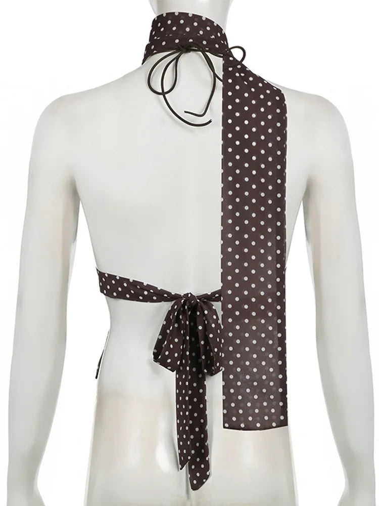 Summer Y2K Women's Polka Dot Print Sleeveless Vest Vintage Camisole with Spaghetti Strap Scarf Streetwear Top