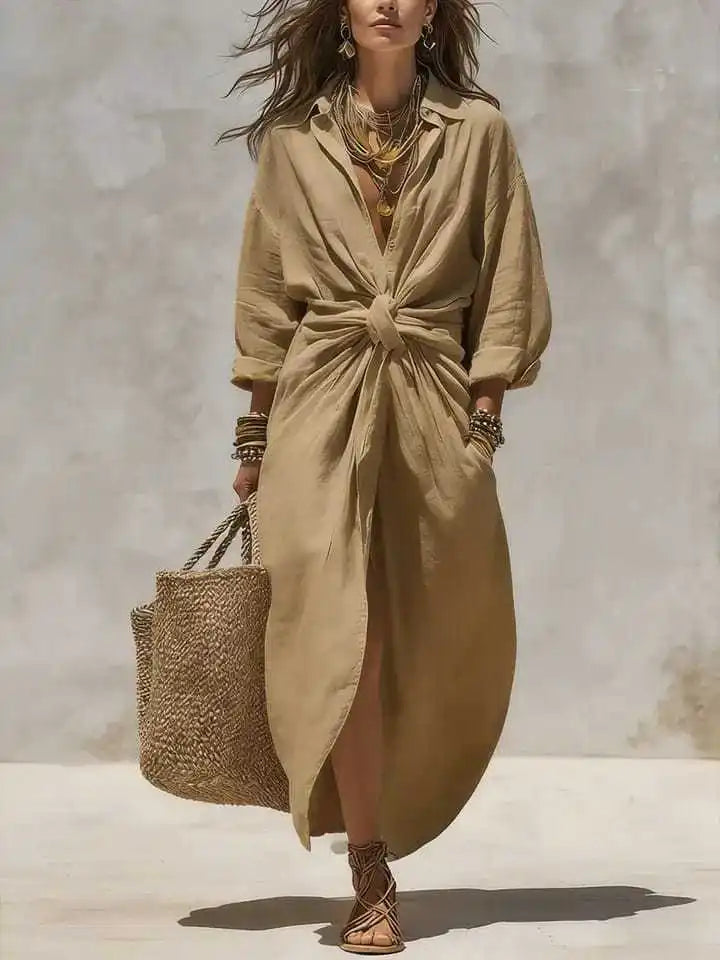 Boho White Linen Cotton Shirt Dress Long Sleeve High Waist Knot Maxi Dress Casual Loose Split Hem Summer Beach Dresses for Women