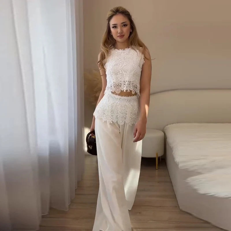 Casual Lace Tops Pants Sets Women O Neck Sleeveless High Waist Wide Legs Outfits Female 2026 Summer Beach Vacation Solid Suits