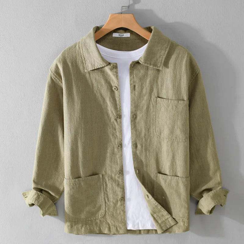 Autumn Retro Tooling Linen Jacket For Men Japanese Styles Sold Color Simple Versatile Multi-pocket Male Thin Jackets and Coats