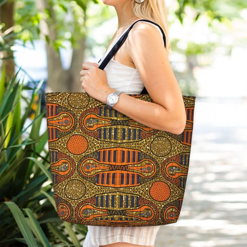 African Ankara Prints Grocery Shopping Tote Bags Women Geometric Ethnic Art Canvas Shoulder Shopper Bags Big Capacity Handbag