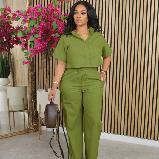 Solid Casual Linen Set Women 2 Pieces Outfit Summer Turn-down Collar Button Up Pockets Shirt Top and Pants Ensemble En Lin Femme